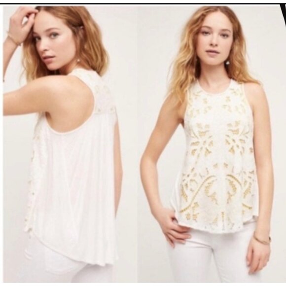 Anthropologie‎ Akemi Kin Tank Top Blouse Lace White Yellow White Hi-Low Size M - Picture 5 of 11